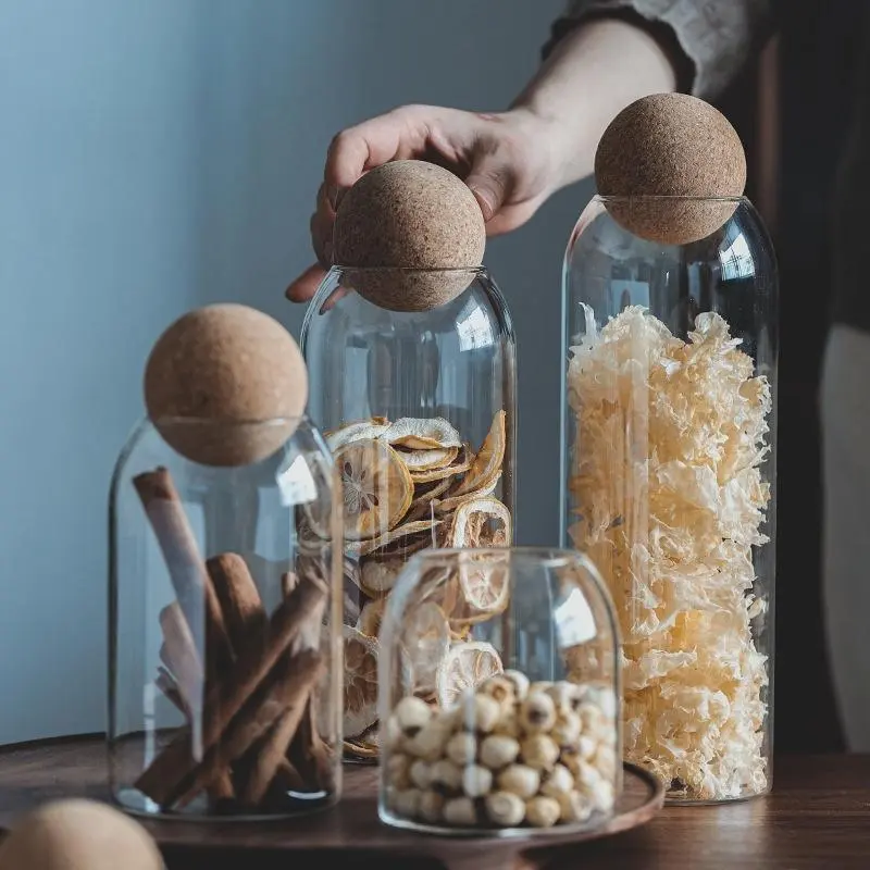 Clear Glass Storage Containers, 4pcs/set Round Ball Cork Lids Food Storage Jars, Snack Candy Jars, Coffee Bean Jars for Kitchen
