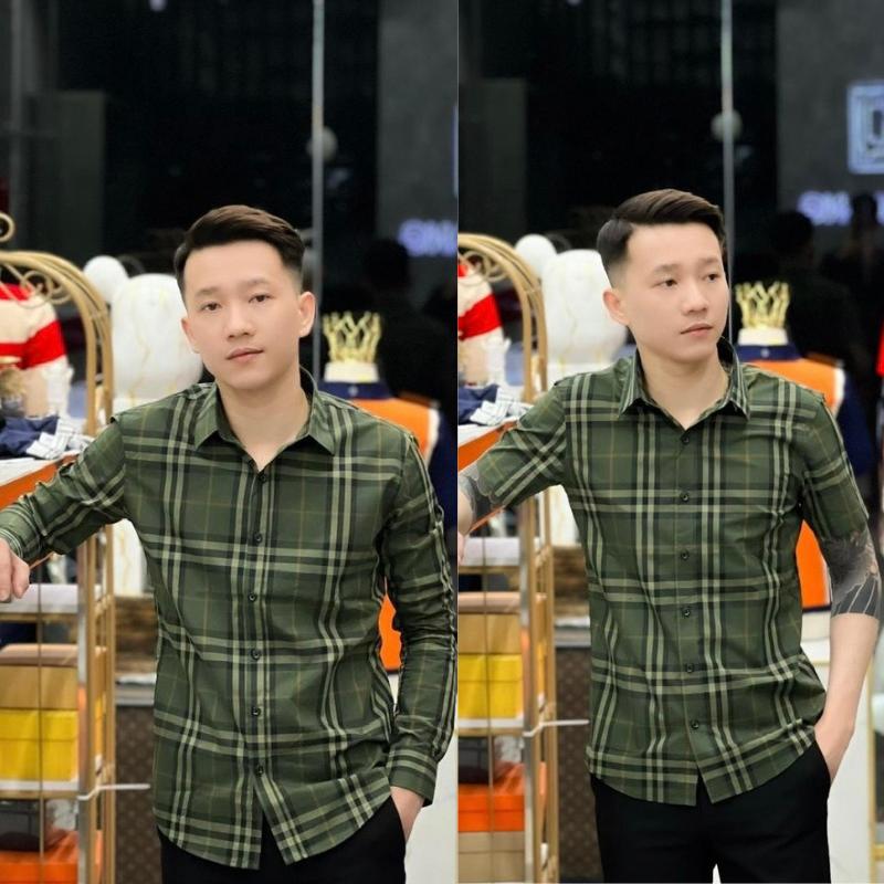 Áo sơ mi caro Nam nữ  xanh phối sọc ,chất vải cotton lạnh dày dặn thoáng mát cao cấp Menswear Shirt-Gin Chuyên Sỉ Menswear Có Cổ