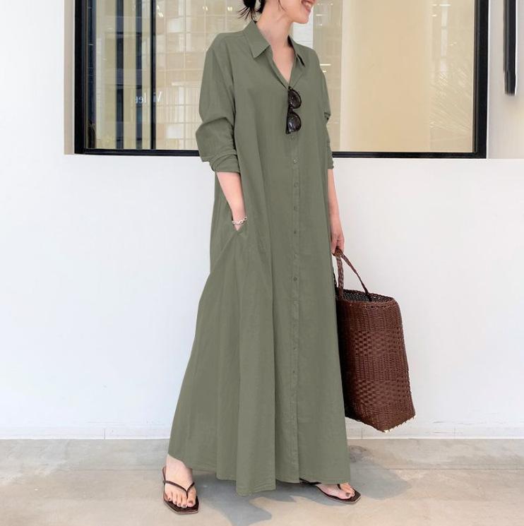 Product Introduction of Women European and American style cotton linen solid color lapel long sleeve insert bag simple loose casual long shirt dress 44