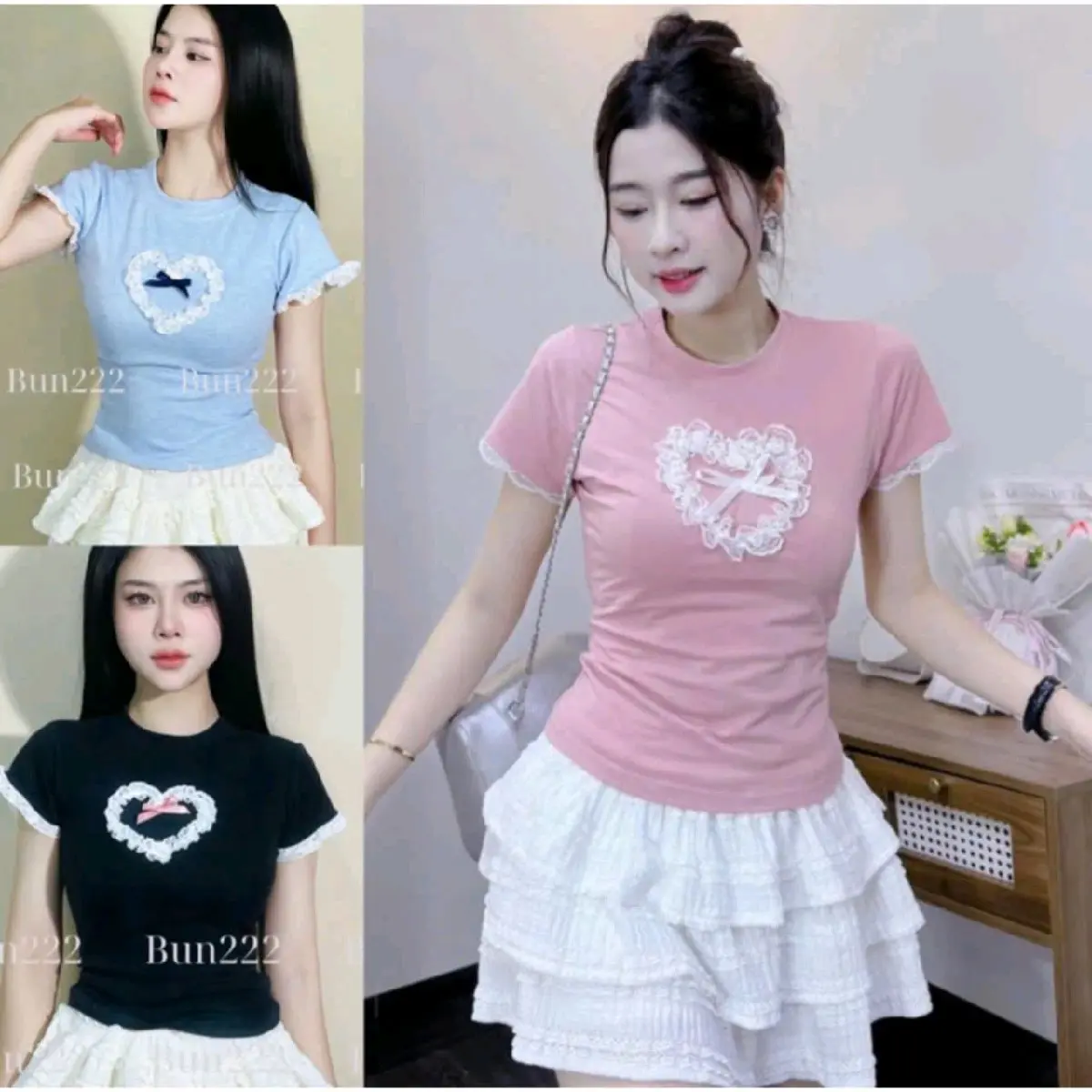 Áo thun babyyte nữ ôm phối ren trái tim cực dễ thương A05