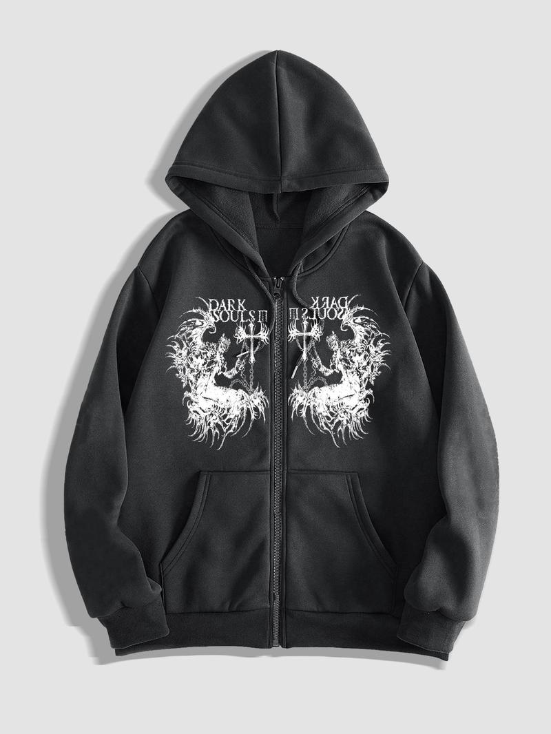Product Introduction of Men's Letter Print Zip Up Hoodie, Regular Fit Casual Street Long Sleeve Hooded Sweatshirt for Fall & Winter, Men's Clothes for Daily Wear 3