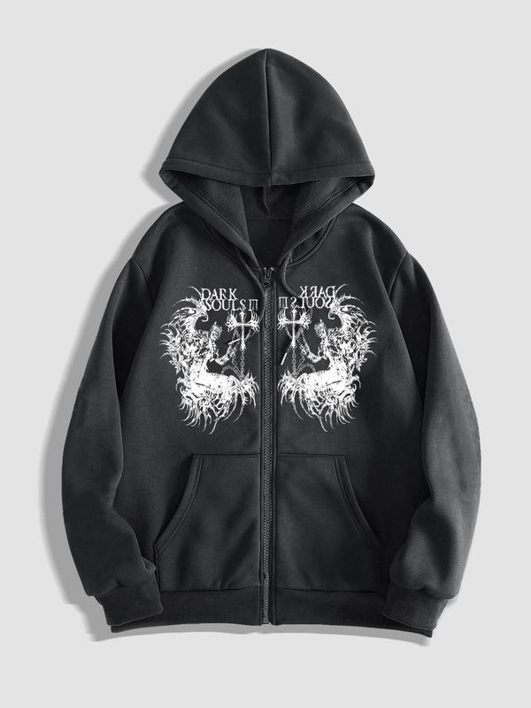 Men's Letter Print Zip Up Hoodie, Regular Fit Casual Street Long Sleeve Hooded Sweatshirt for Fall & Winter, Men's Clothes for Daily Wear 2
