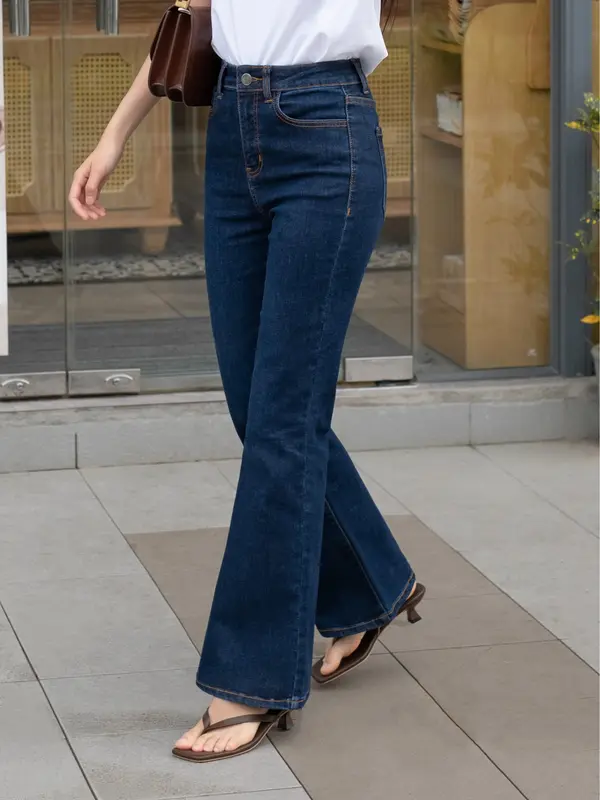 [Hashtagem] Quần Ống Loe Classy Flare Jeans Pageant Blue, Lưng Cao,Co Gĩan Màu Xanh Đậm Hiện Đại (CFJ.4) Women Pants quần  bò  ống  loe 3