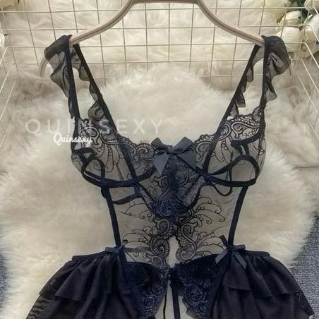 BS100 Bodysuit Ren Cánh Tiên Hai Dây Xẻ Đá y Quyến Rũ Dành cho Nữ - Đen/Trắng/Đỏ Viền Ren 9