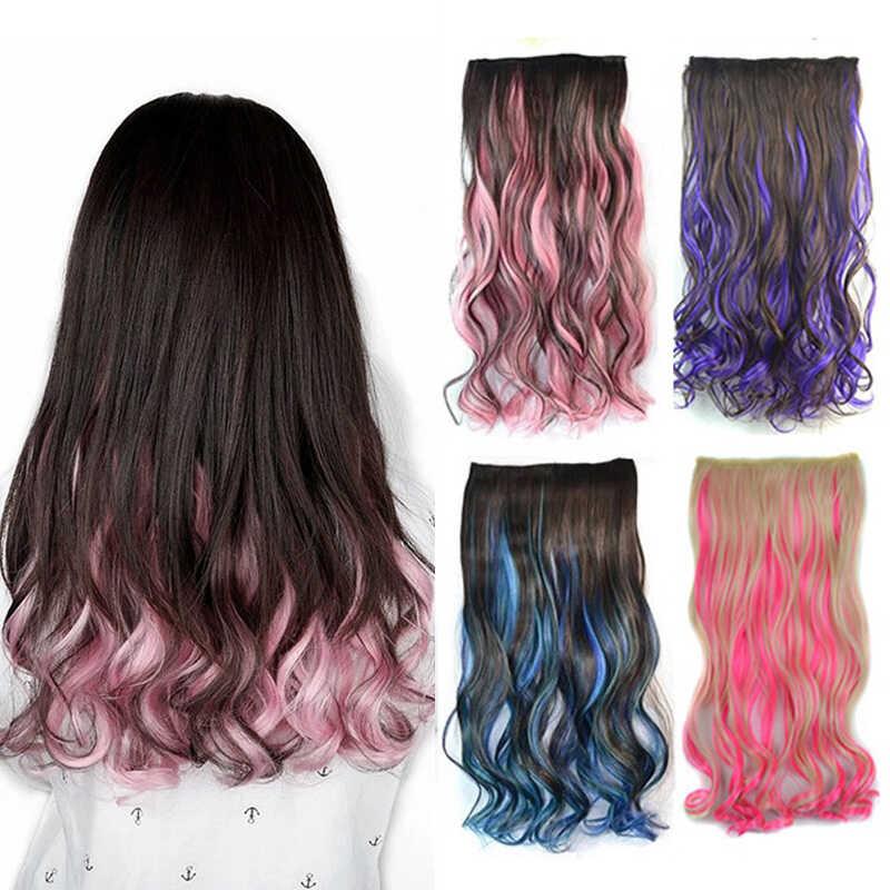 Long Curly 5 Clip In Extension High Temperature Synthetic Brown Mixed Green Blue Pink red Hair Piece 0