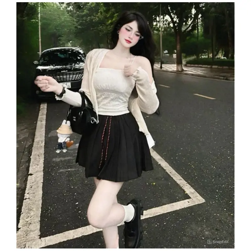 SET áo 2 dây xốp nhăn kèm áo khoác cadigan thun tăm miĩ chân váy xếp ly lưng chun
