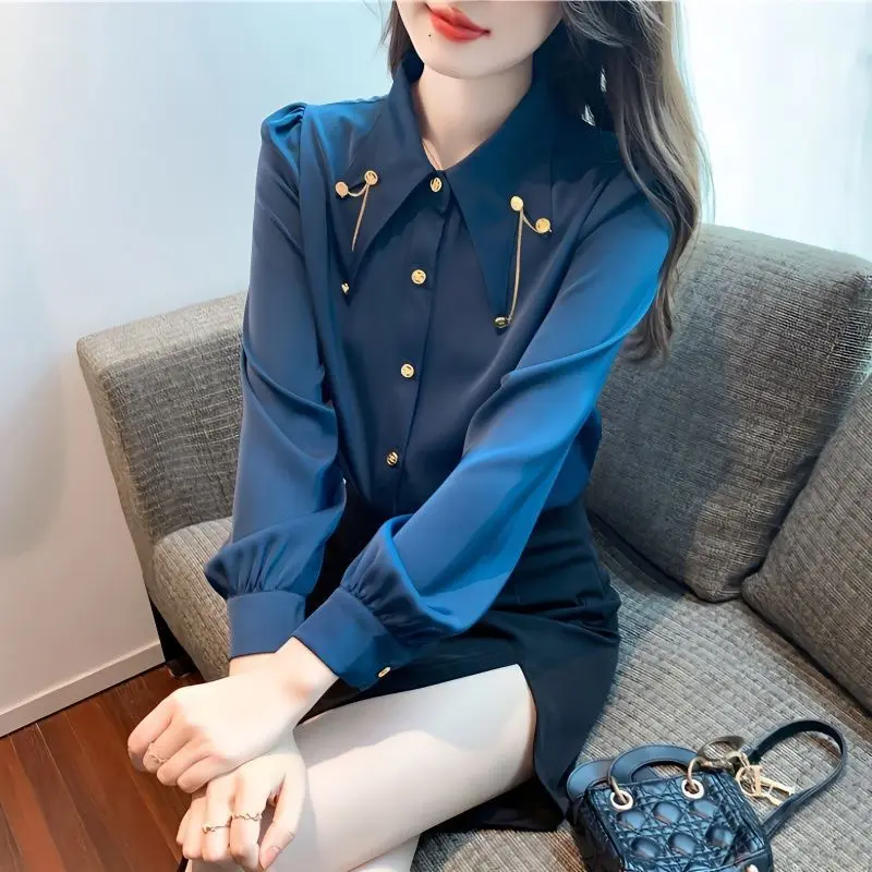 Áo Sơ Mi Cổ Nhọn Cao Cấp Phong Cách Pháp, Dành Cho Nữ, Thời Trang, Áo Voan, Khâu Dây Xích Thời Trang, Xu Hướng Thời Trang, Mùa Xuân 2024 Hàng Mới Về