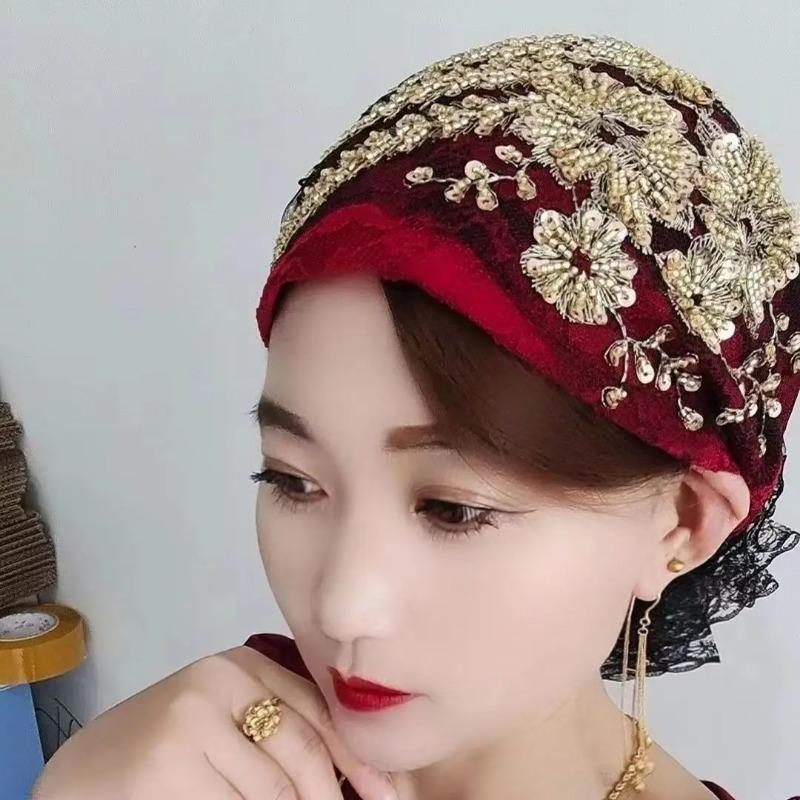 Glitter Diamonds Embroidery Lace Turban Hats for Women Muslim Headscarf Head Wraps Caps Female Daily Beanie Hair Cover Cap 2