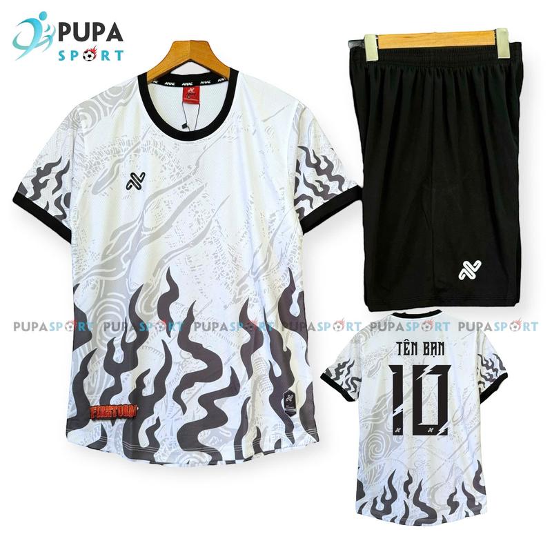 Bộ Đồ Đá Banh Không Logo Amac Fire Storm Màu Trắng Đen, Vải Mè Lục Giác Cho Nam Nữ, Có In Tên Unisex Sport Top Quần Quần Áo Thun Thun Tập Thể Dục