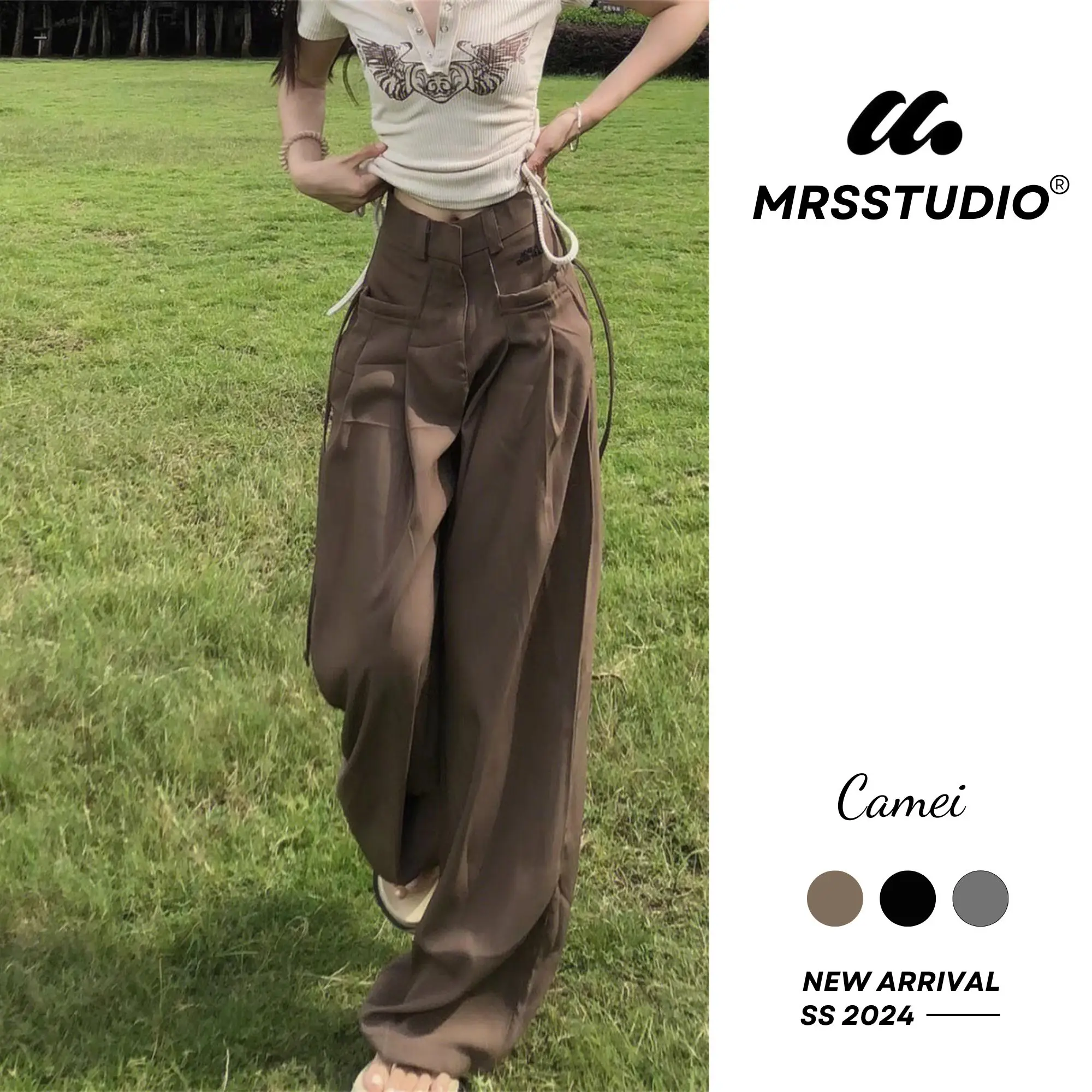MRSSTUDIO - Quần ống rộng đây buộc túi, Pants Nữ Voi Women ống rộng màu Đen Ong