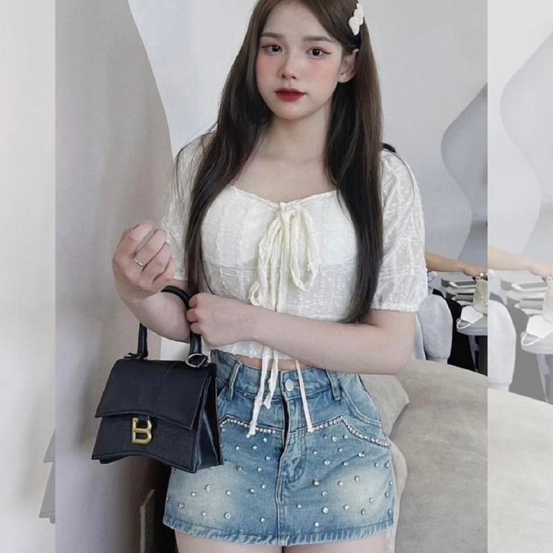 chân váy jean ngắn chữ a đính đá , chân váy đính đá bò nữ lưng cao chất dày mịn không co dãn bông mặt vải có quần bảo vệ wash màu chuẩn QCL1. 4