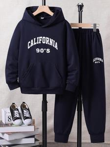 Two-piece Set Boy's Solid Letter & Number Print Hoodies & Elastic Waist Sweatpants Set, Casual Long Sleeve Pocket  Hooded Sweatshirt & Jogger Pants, Kids Fall & Winter Clothes