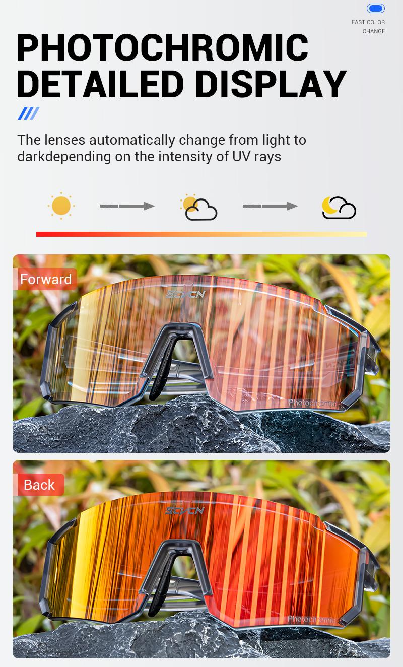 Product Introduction of SCVCN Upgraded Photochromic Outdoor Cycling Glasses UV400 Protection Running Mountaineering Glasses Road Bicycle MTB Goggles Men Women 1