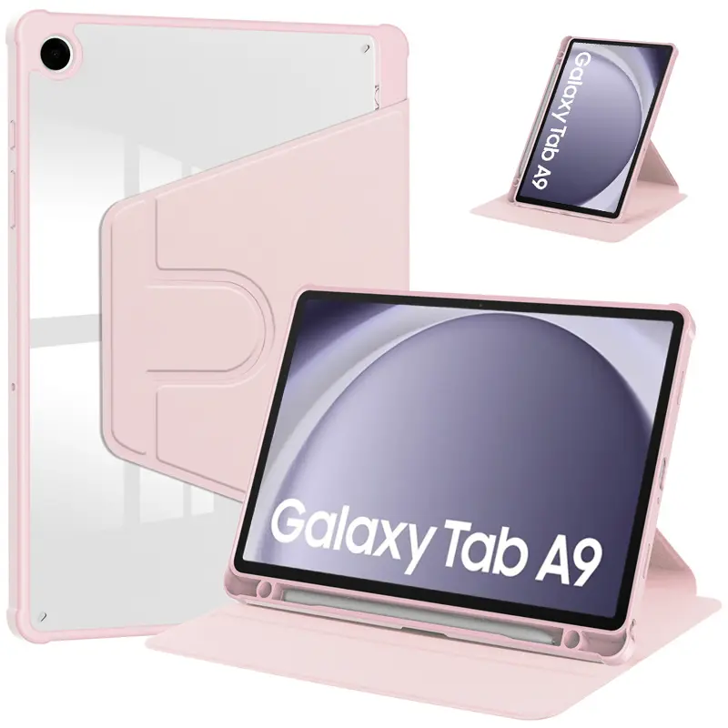 For Samsung Tab A9 Case 8.7 inch 360 Rotating Acrylic Clear Back Book Stand Cover For Galaxy Tab A9 8.7 Case with Pen Holder