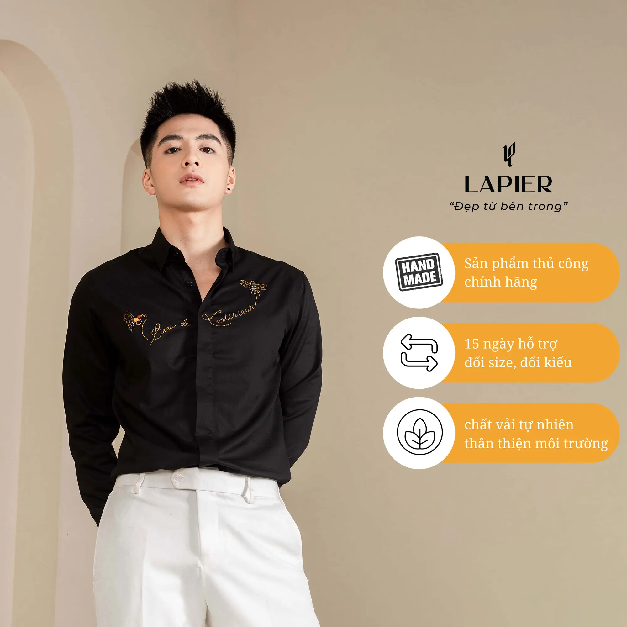 Áo sơ mi nam cao cấp LAPIER thêu đính thủ công ong + chữ ngực áo dài tay, 2 màu trắng đen SM013