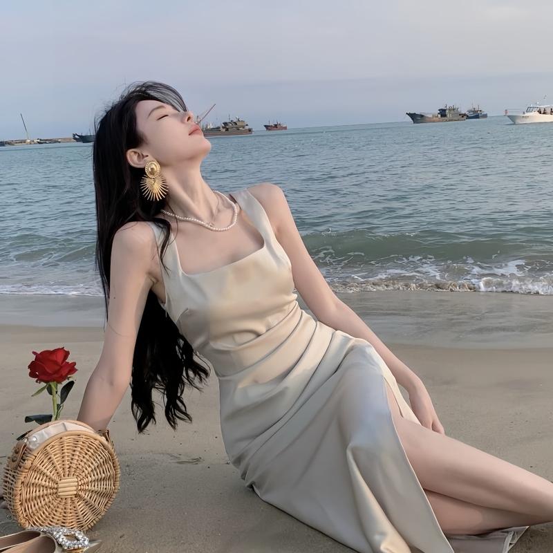 Đầm Váy Lụa Hai Dây Cổ Vuông Chiết Eo Tôn Dáng Đuôi Cá Silkchic 647 Váy 2 Dây Ôm Eo Dáng Dài Tiểu Thư Sang Chảnh Nữ Women Dress Voan