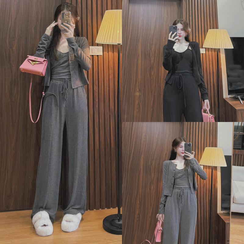 Set bộ len tăm 3 món áo cúp ngực 2 dây quần dây rút áo khoác ngoài thu đông Mai Chi Store MC101 Nữ Top Women Cup Đen