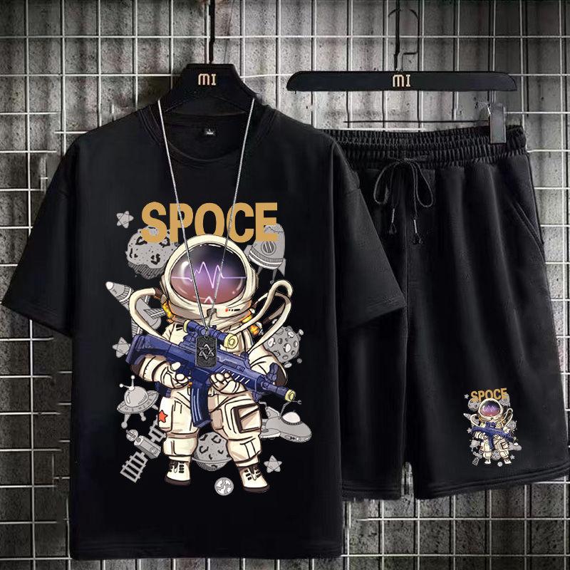Product Introduction of Casual Sports Suit for Men Summer 2024 New Style Middle School Student Printed T-Shirt Men's Short Sleeve Shorts Trendy 1/2 Piece Fasciitis 23