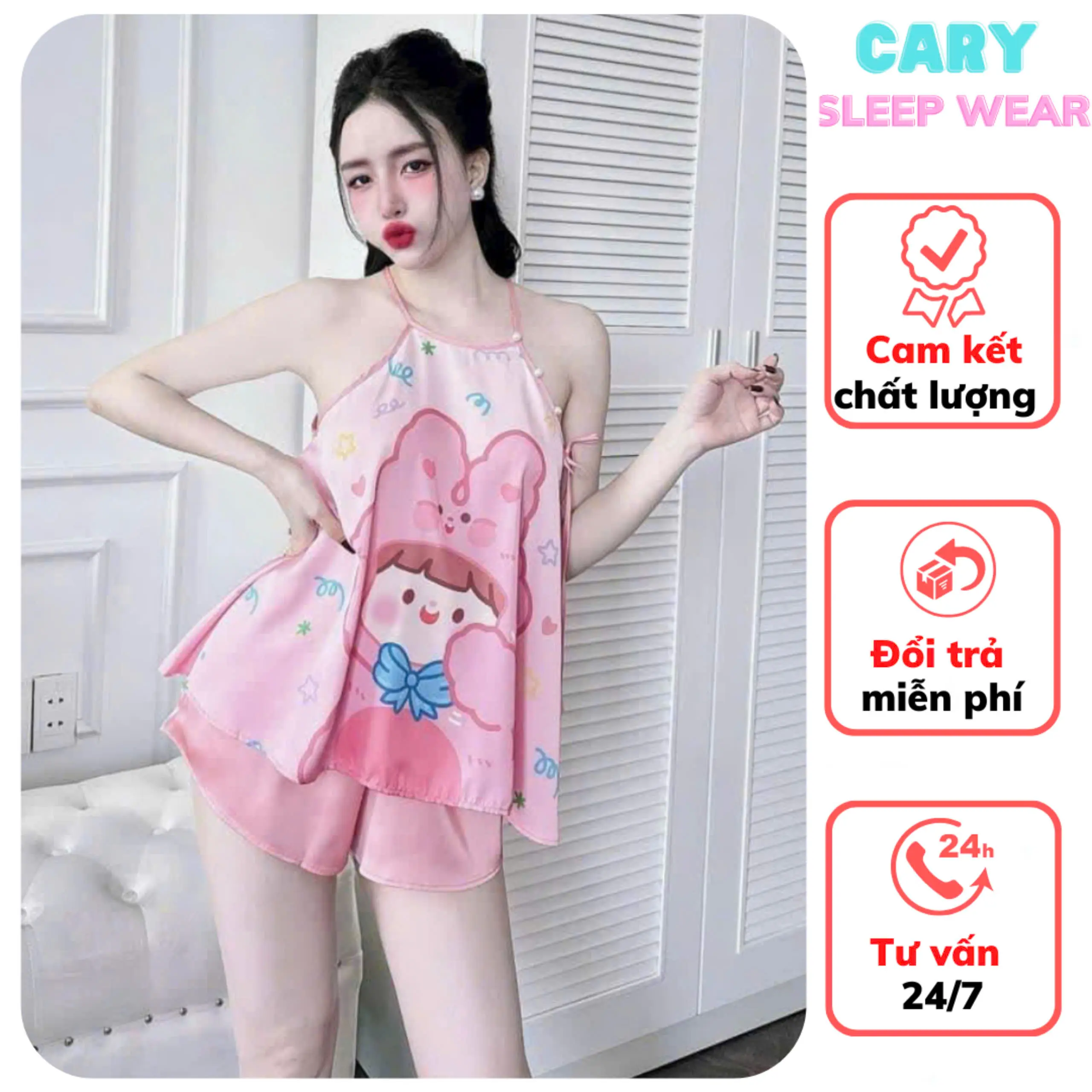 Đồ bộ phi lụa yếm in 3D thời trang với nhiều họa tiết cho nữ CARY Voi Women Quần Ngủ