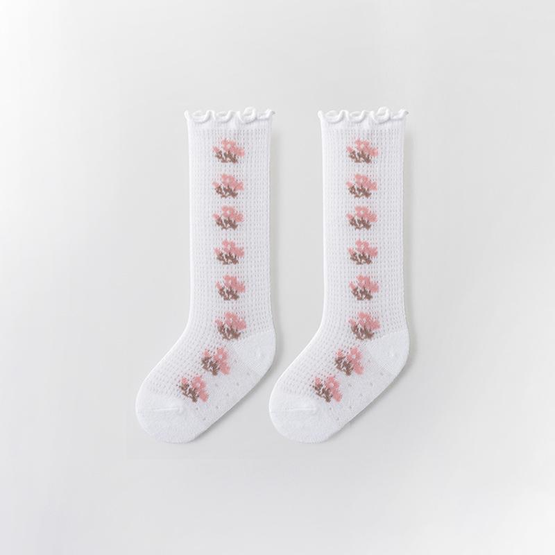 Product Introduction of Baby Socks for Girls Flower/Bear Print Mosquito Protection Mid-Calf Socks Spring Summer Breathable Kids Mesh Thin Socks 40