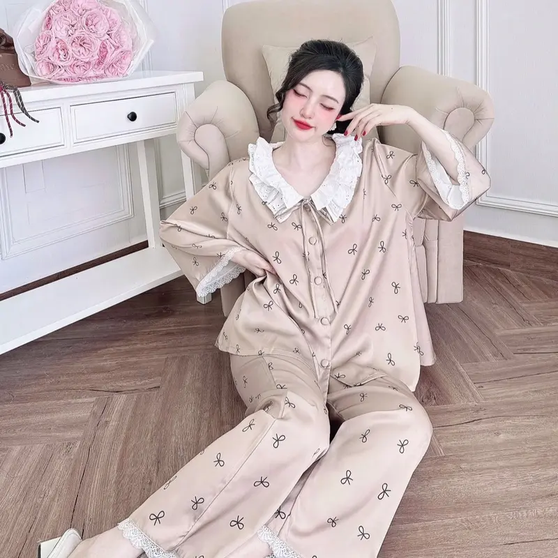 Bộ Tiểu Thư Nơ Phối Ren Quần Dài Lụa Latin (Freesize 40-70kg) Pijama Nữ Women 4