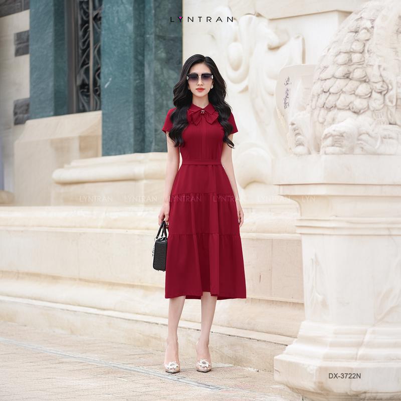 Váy xòe đi tiệc xếp ly ngực váy midi dáng A công sở ngắn tay dún chân váy 2 tầng LYNTRAN DX-3722N Nữ Women Dress