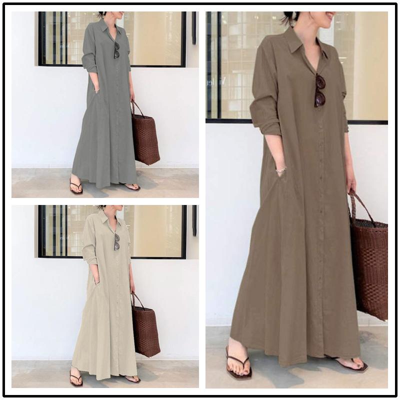 Product Introduction of Women European and American style cotton linen solid color lapel long sleeve insert bag simple loose casual long shirt dress 60