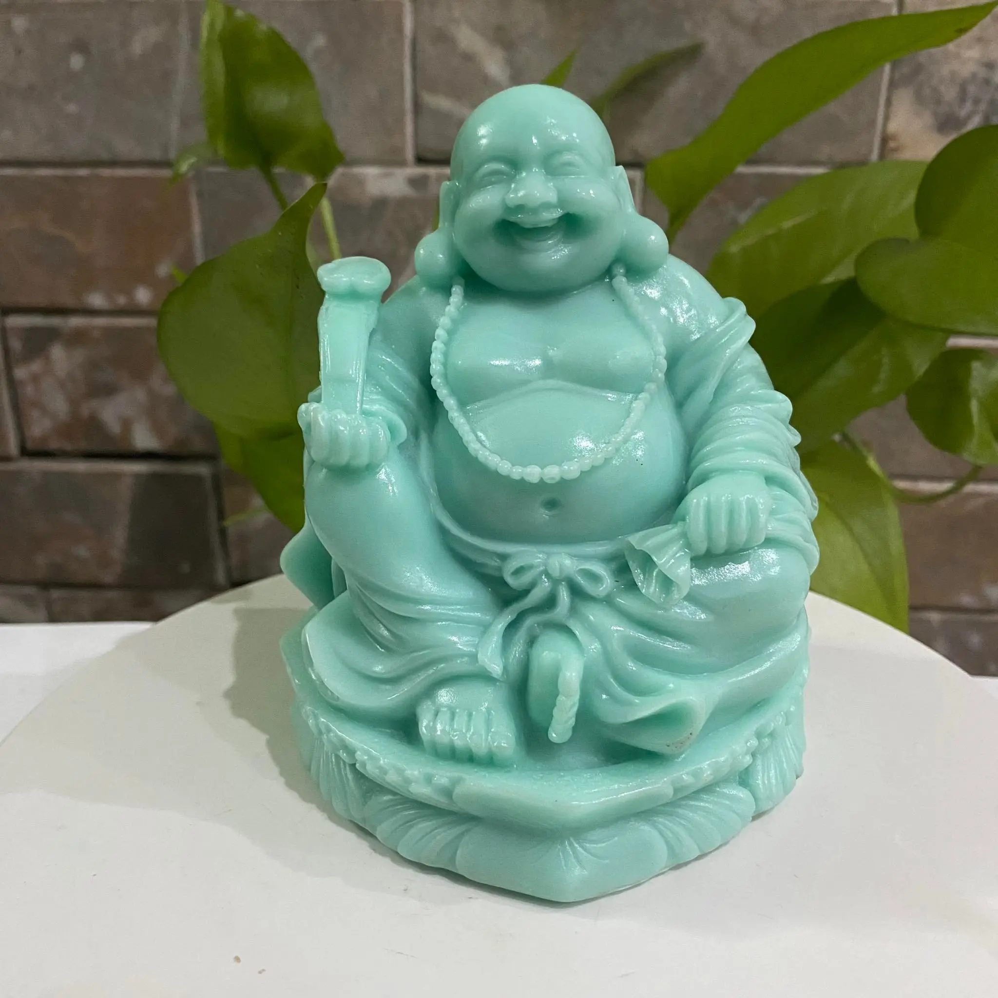 Tượng Phật Di Lặc cao 14 cm rộng 10 cm màu xanh ngọc