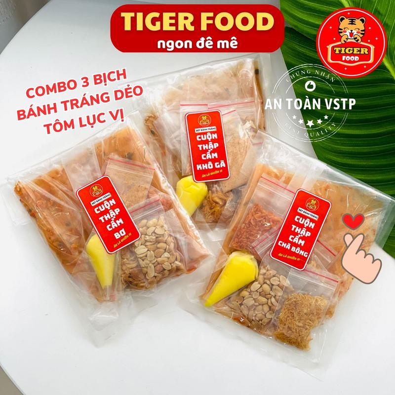 COMBO 3 Bịch bánh tráng bơ dẻo tôm lục vị - chà bông - khô gà bơ béo TIGER FOOD ăn là mê thử là ghiền Snack