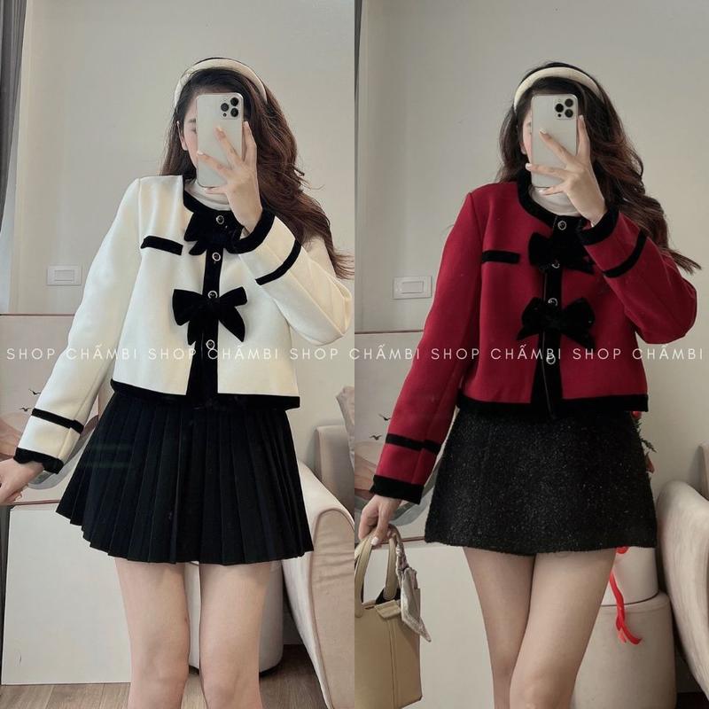 [LẺ ÁO] Áo dạ nữ A.564, Áo khoác dạ cổ tròn dáng croptop dài tay có 2 nơ ngực phong cách tiểu thư - Shop Chấm Bi