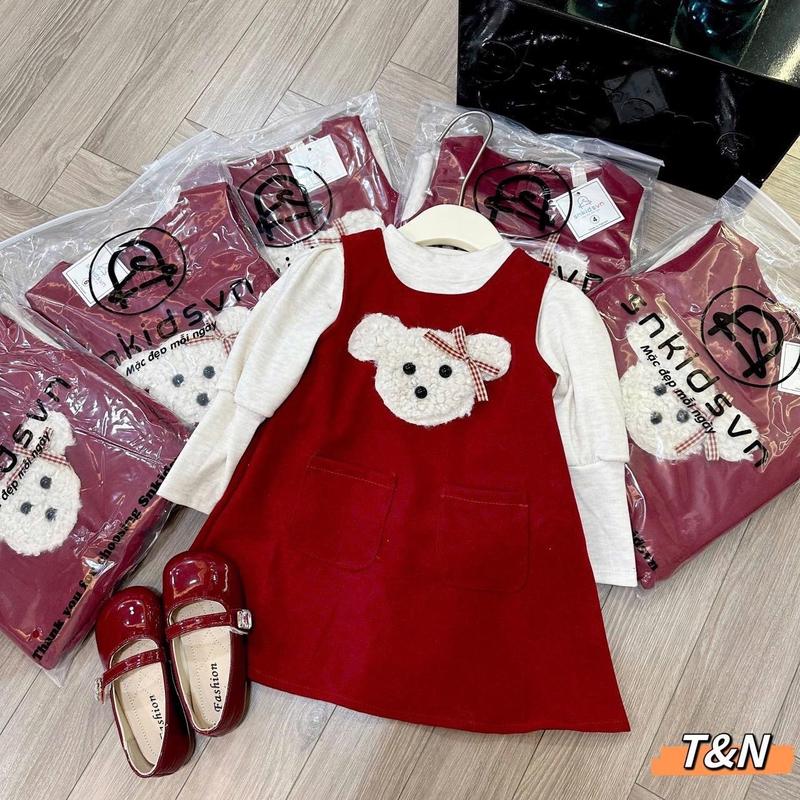 [ 10 - 20kg ] set váy Nhung 2 chi tiết kèm áo lông thỏ gấu đính nơ Hồng 2