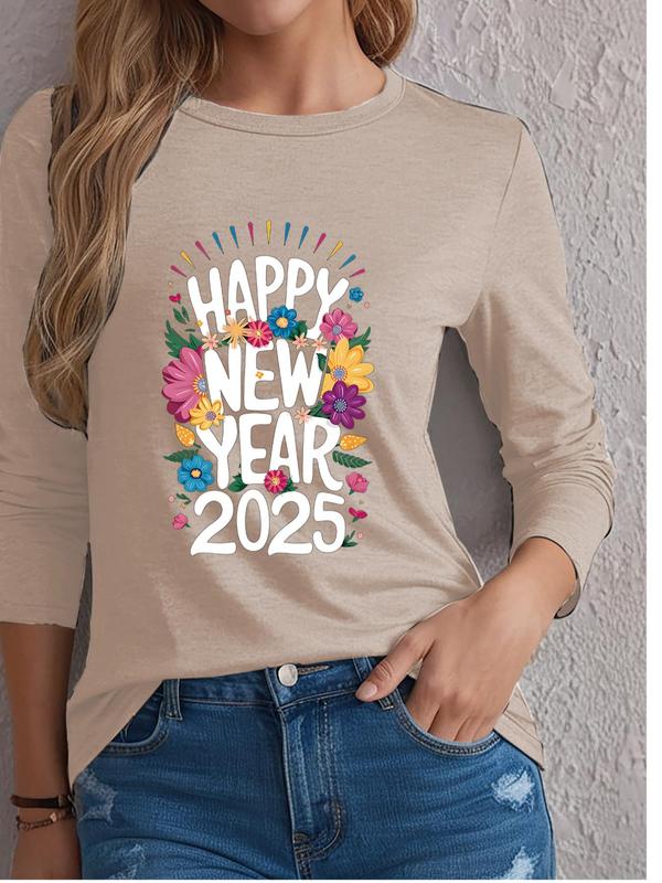Women's Floral & Letter Print Round Neck Tee, Casual Long Sleeve Crew Neck T-Shirt for Spring & Fall, Fashion Women's Top for Daily Wear 4