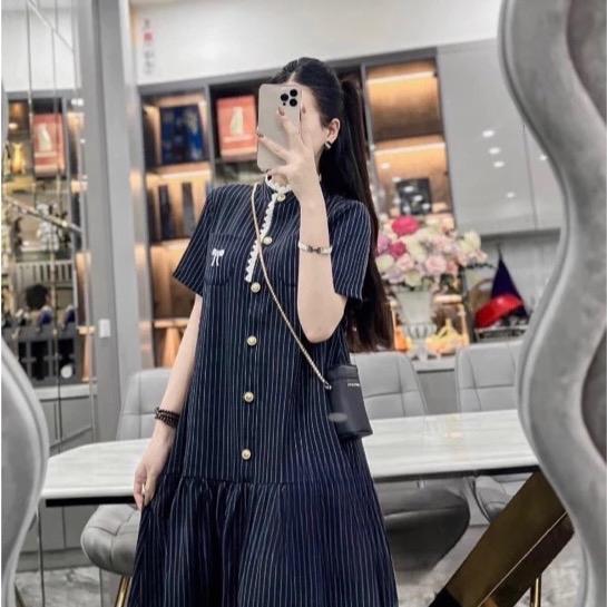 Đầm bầu cộc tay kẻ sọc xanh cổ tàu sang chảnh - Thương hiệu uy tín Đầm Bầu Women Nữ Dress Voi Kem Voi Kem