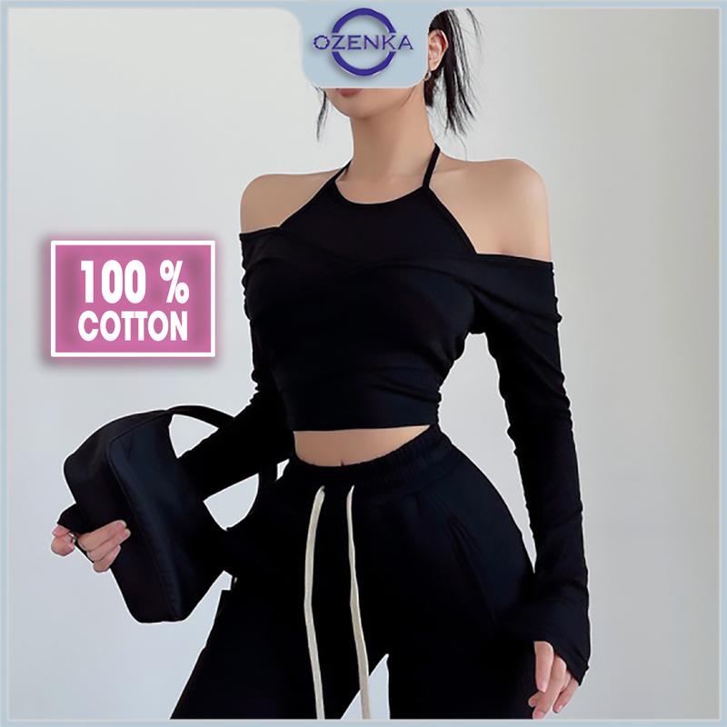 Áo croptop tay dài cổ yếm trễ vai ôm body cotton Ozenka , crt 2 lớp kiểu gợi cảm tôn dáng màu trơn đen trắng Thun Nữ Denim Cổ Tròn Women Shirt