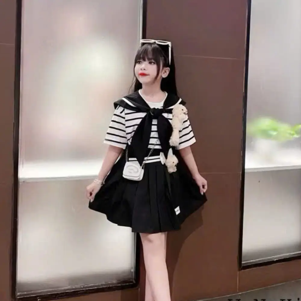 Mã S10: (20kg - 50kg) Set áo sọc chất thun cotton và khăn quàng, kèm chân váy chất cotton lạnh cho bé gái