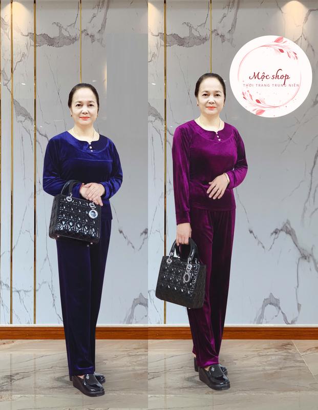 Bộ Thu Đông trung niên cho mẹ vải Tuyết Nhung tay dài mặc mùa thu mùa đông sang trọng mặc ở nhà đi chợ của Mộc Shop - Thời trang trung niên