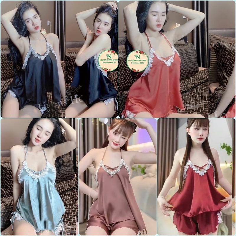 Set Bộ NGủ Phi Sexy Yếm Cột Dây Vải Phi lụa Freesise Dưới 60Kg Lụa Trơn Mùa hè Nữ Women Voi Áo Quần Ngủ