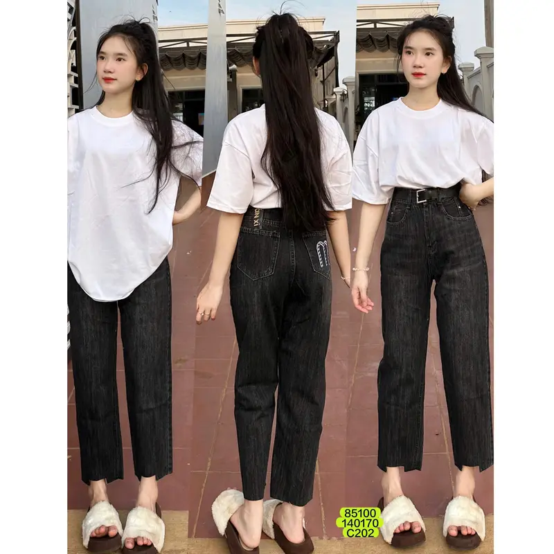 Quần Baggy Jean (Thêu chữ M) Lưng cạp cao, Ống suông vải Jean loại 1 3