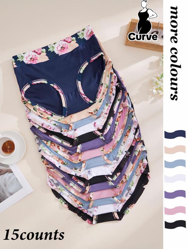 【Plus Size】Patchwork Floral Print High Waist Knicker, Soft Comfy Breathable Panty for Daily Wear, Women's Underwear for All Seasons, Womenswear 4