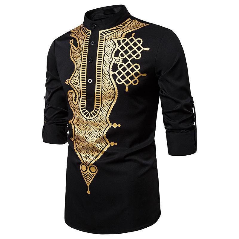 Product Introduction of Discount Fashion Men's Casual Fashion Bronzing Pullover Shirt Totem Long Shirt Muslim Straight Shirt 9