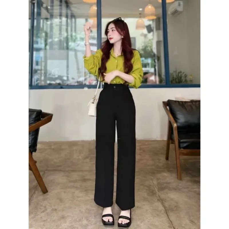 ￼Quần ống suông rộng lưng cao 1 khuy có 2 túi bên màu Đen,Quần  nữ ống rộng đi học làm công sở vải dày mềm Ong Women Pants 2