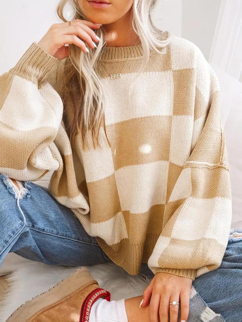 Product Introduction of Women's Plaid Print Drop Shoulder Sweater, Casual Long Sleeve Round Neck Jumper for Fall & Winter, Fashion Ladies' Knitwear for Daily Wear, Going Out Tops 12