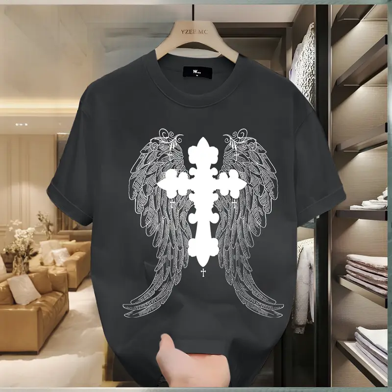 Áo Thun Nam, 100% Cotton, ngắn Tay, In Hình Đôi Cánh Thiên Thần, Dáng Rộng Vừa Vặn, Thoải Mái 0