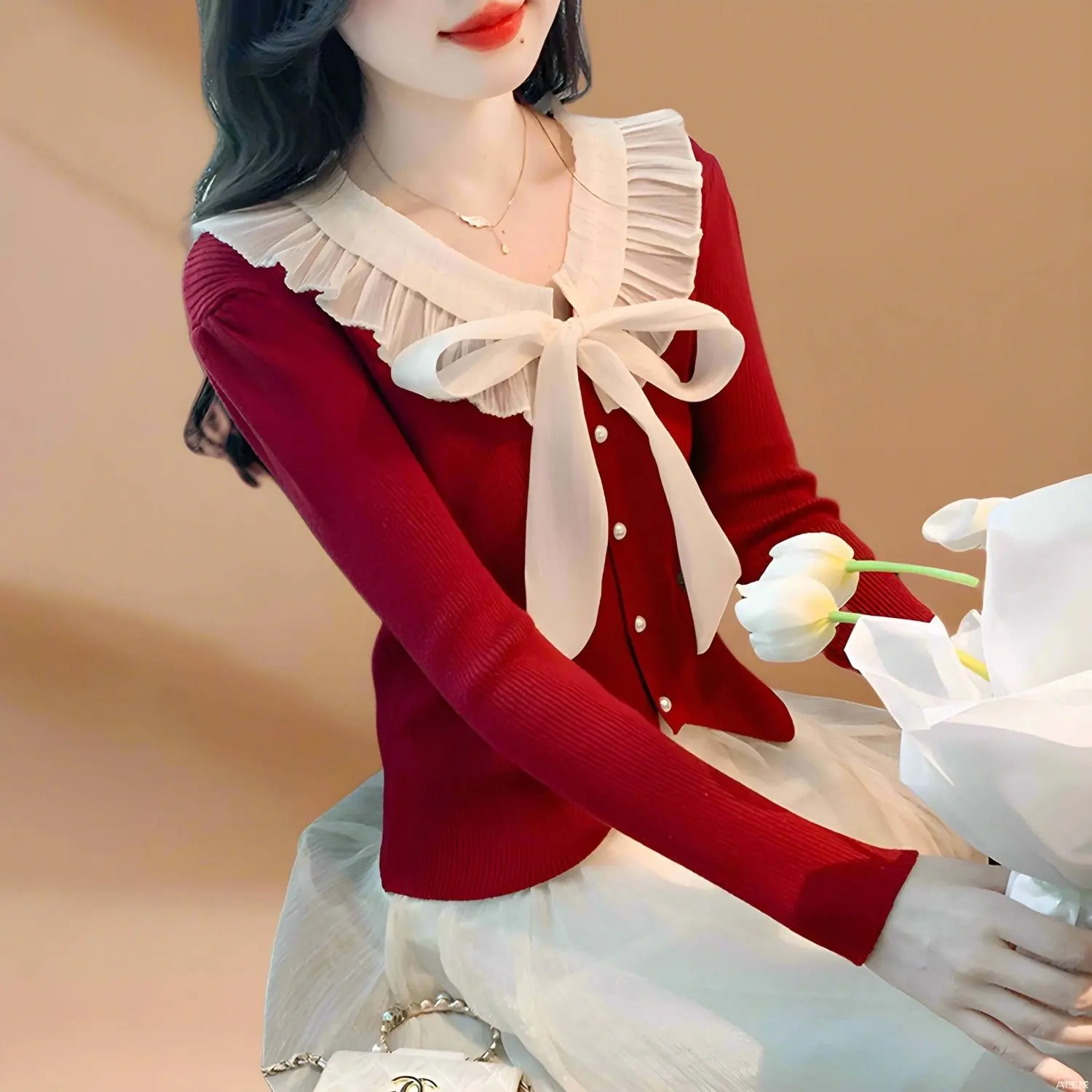 Áo Len Cardigan, Thiết Kế Nơ Xếp Ly Buộc Dây Dài Tay, Hàng Mới Về Mùa Thu Và Mùa Đông, Phong Cách Pháp, Áo Mặc Trong Mỏng Vừa Vặn, Ngắn, Áo