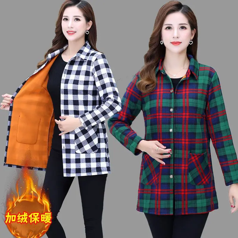Áo Sơ Mi Kẻ Sọc Lông Cừu, Thời Trang, Dài Trung Bình Cho Nữ, Tay Dài, Hàng Mới Về, Thích Hợp Cho Mẹ TRUNG NIÊN, Áo Sơ Mi Giữ Nhiệt Dày, Áo Khoác Trang Phục Mùa Thu Và Mùa Đông
