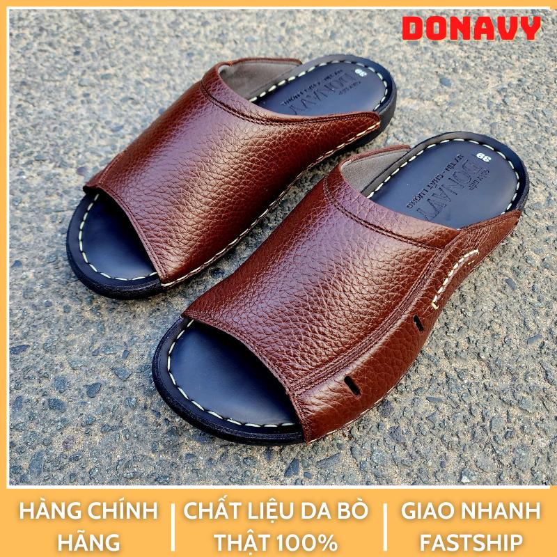 Dép Nam Quai Ngang Da Bò Thật, DONAVY Cao Cấp, Thiết Kế Đẳng Cấp May Full Quai Và Đế Bao Chắc Chắn D.T2