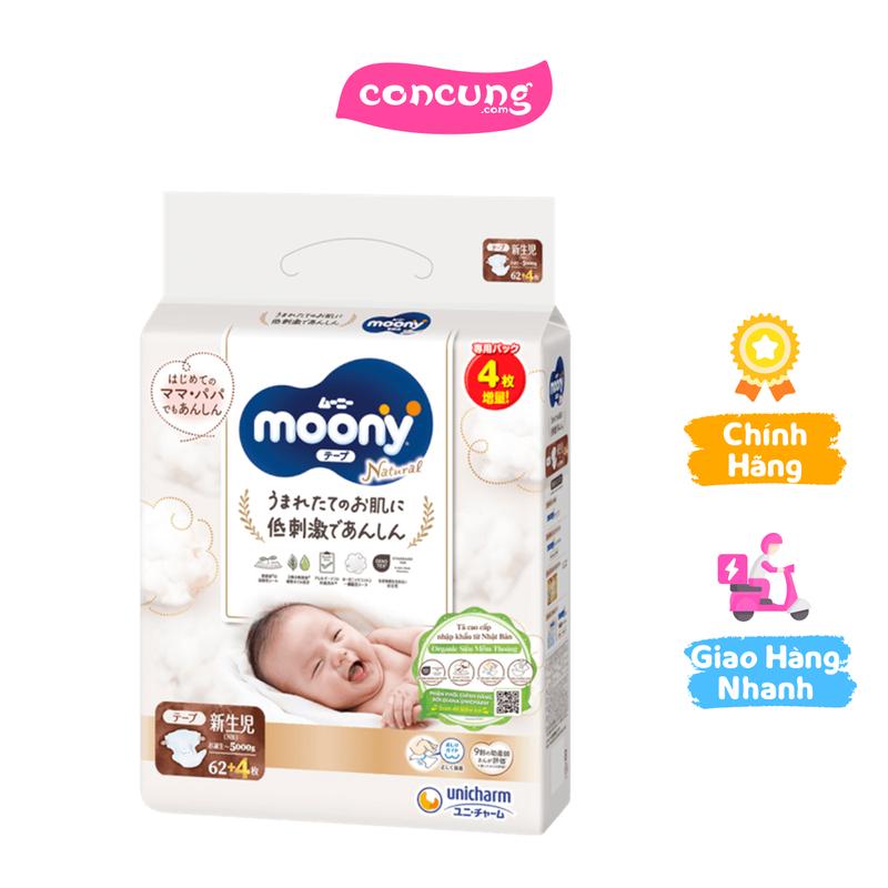 Tã dán Moony Natural size newborn, 62 miếng + 4 miếng