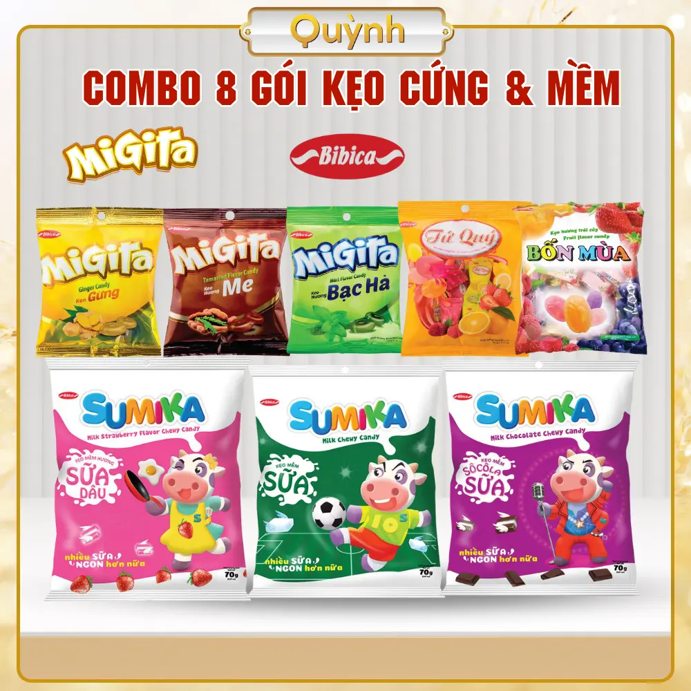 Combo 8 gói Kẹo Mềm Sumika & kẹo cứng Kẹo Cứng Migita Bibica 70gx8