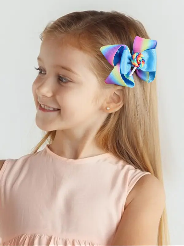 Rainbow Ombre Color Lollipop Design Hair Clips Set, Cute Bowknot Hair Clips for Girls, Fashion Hair Accessories for Party, Daily Clothing Decor 7