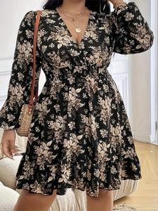 Vestido de Talla Grande con Estampado Floral, Cuello Envoltivo tipo V, Cintura Alta Fruncida, Dobladillo con Volantes, Vestido Casual con Manga Obispo para Vacaciones, Ropa de Talla Grande para Mujer para Todas las Estaciones